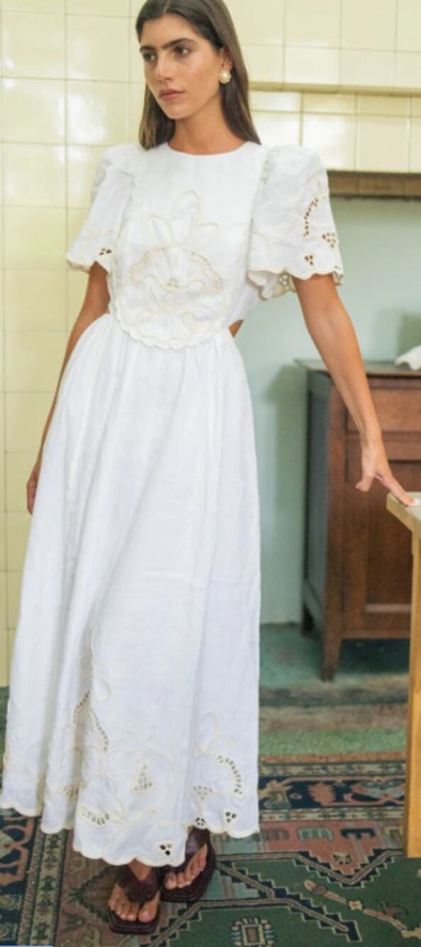 Lovaan Freya Embroidered Linen Midi Dress White Size 4 Nwt — image 2 of 8